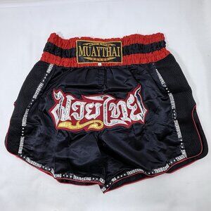Muay Thai Boxing Shorts 2XL Black Satin Patch Embroidered Kickboxing Thailand